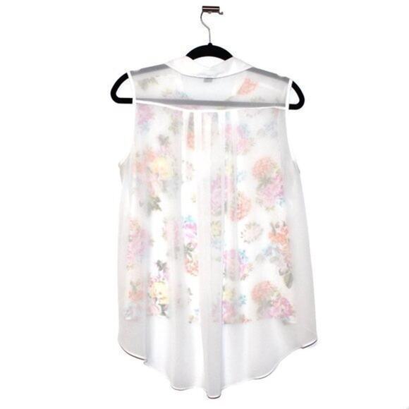 Pastel Floral High-Low Chiffon Button Up Blouse Large - Picture 3 of 3